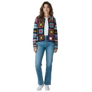 Z Line Crochet Granny Square Zip Up Jacket Women XL Multicolor Geometric Boho